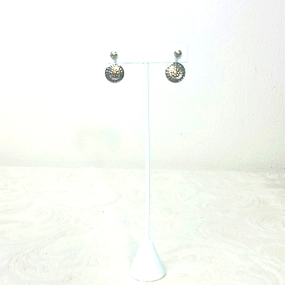 Round Sterling silver gold plate post earrings NEW 2 Tone Pebbled - Picture 2 of 4